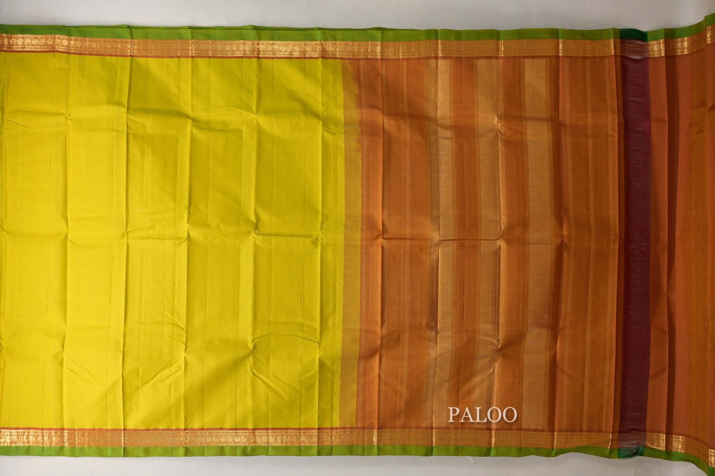 Lemon Green with Dual Tone Red and Mustard Borders and Leaf Green Selvedge Vintage Kanjivaram Silk Saree SS8858