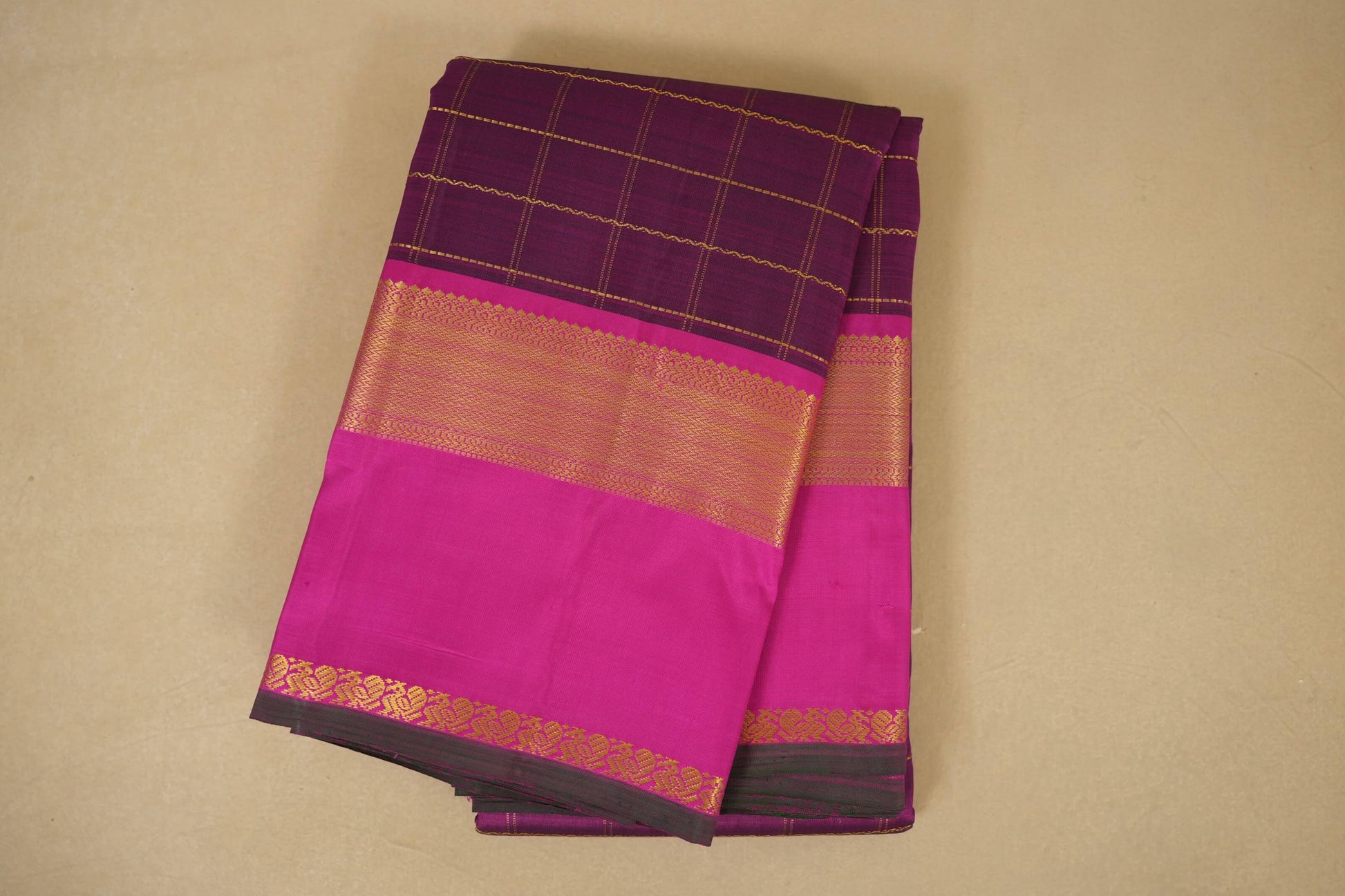 Dark magenta folded  vintage kanjivaram silk saree