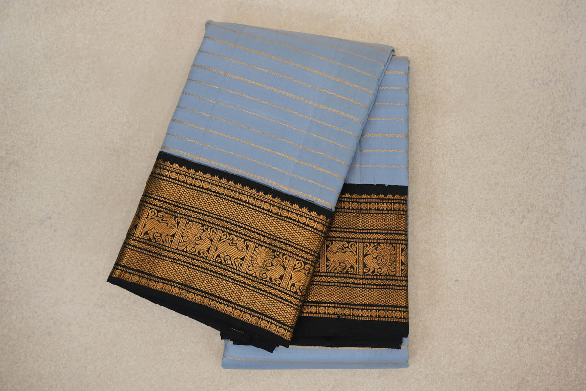 Grey/Blue with Black Borders Vintage Kanjivaram Silk Saree SS10162