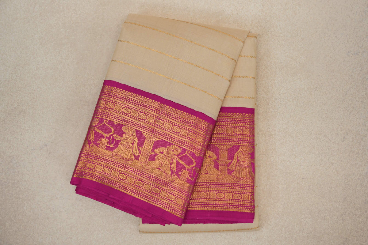 Beige with Pink Borders Vintage Kanjivaram Silk Saree SS10163