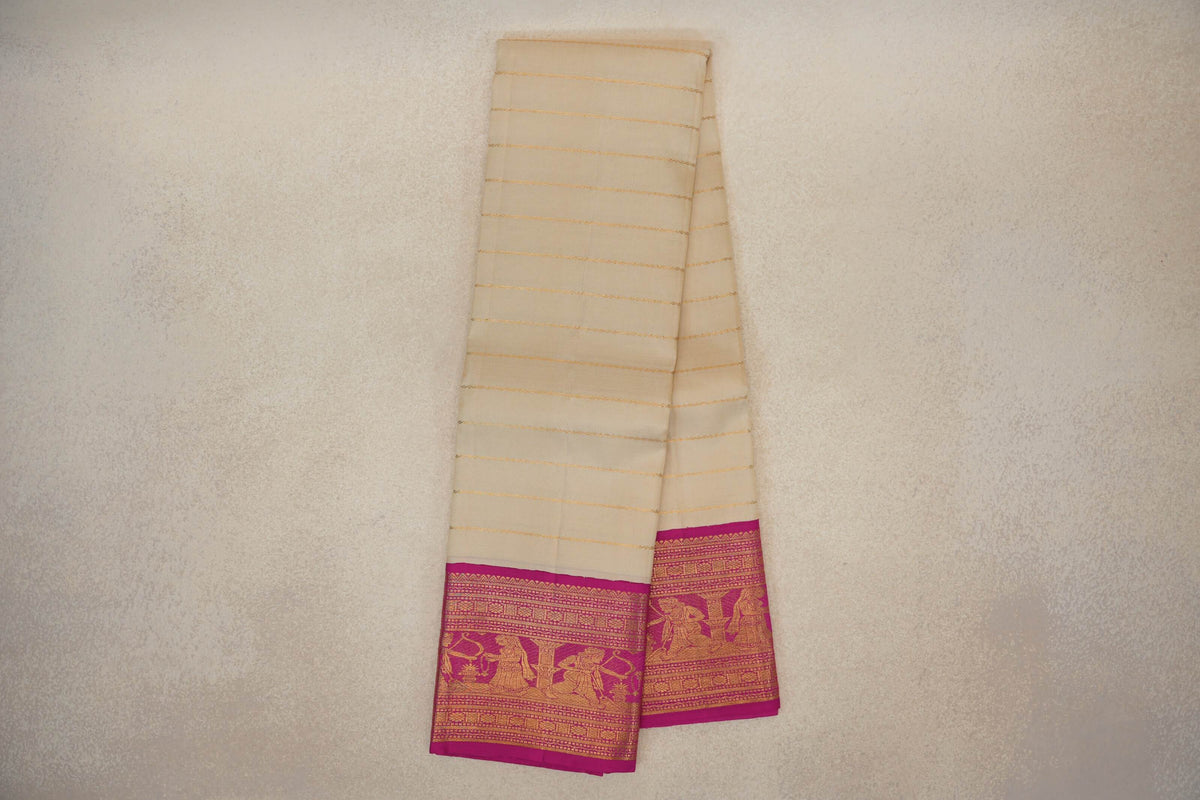 Beige with Pink Borders Vintage Kanjivaram Silk Saree SS10163