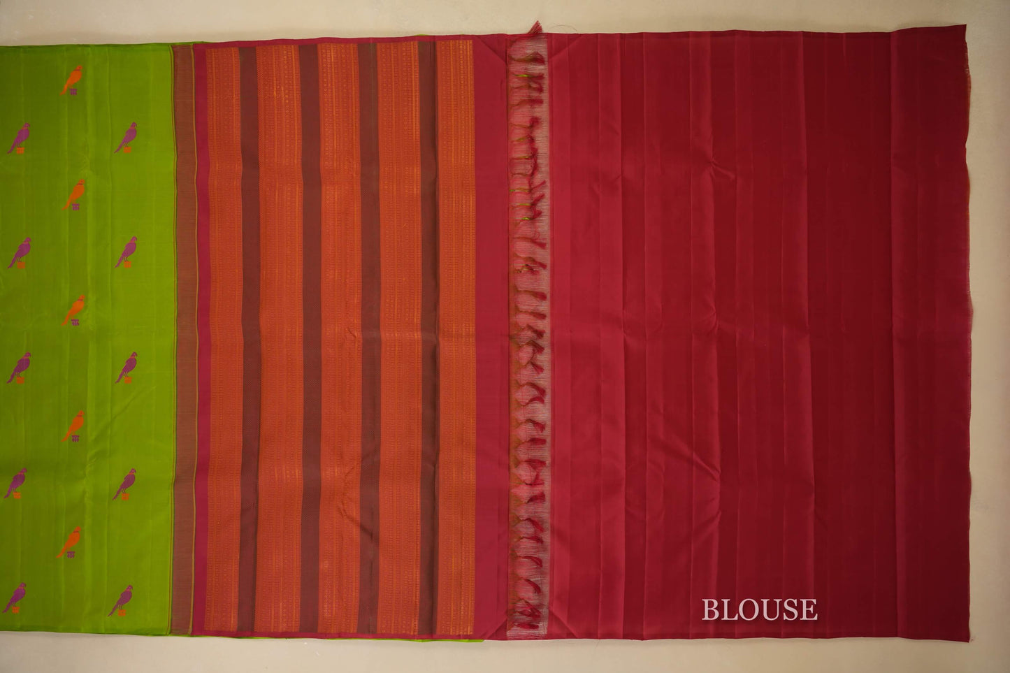 Parrot Green borderless Kanjivaram Silk Saree blouse