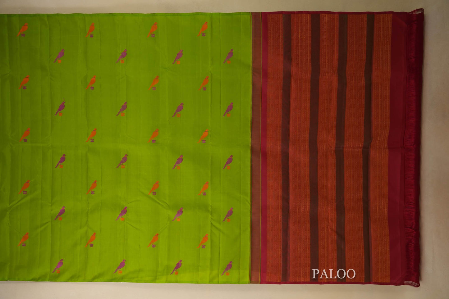 Parrot Green borderless Kanjivaram Silk Saree paloo