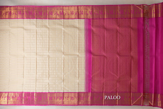 Beige with Pink Borders Vintage Kanjivaram Silk Saree paloo