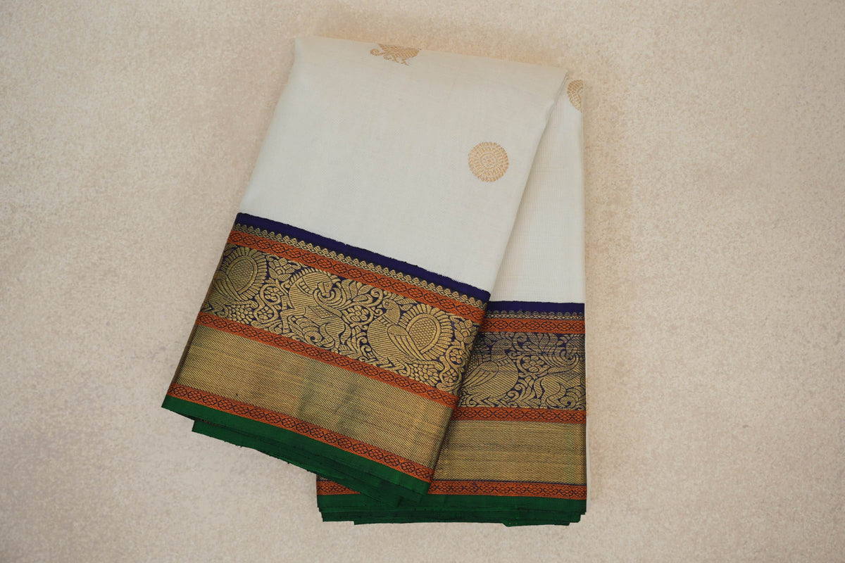 Off-White with Navy with Green Selvedge Borders Vintage Kanjivaram Silk Saree SS10165