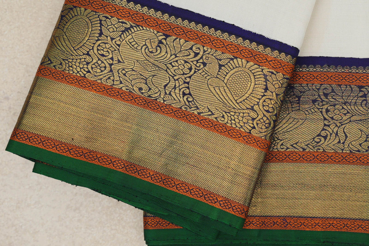 Off-White with Navy with Green Selvedge Borders Vintage Kanjivaram Silk Saree SS10165