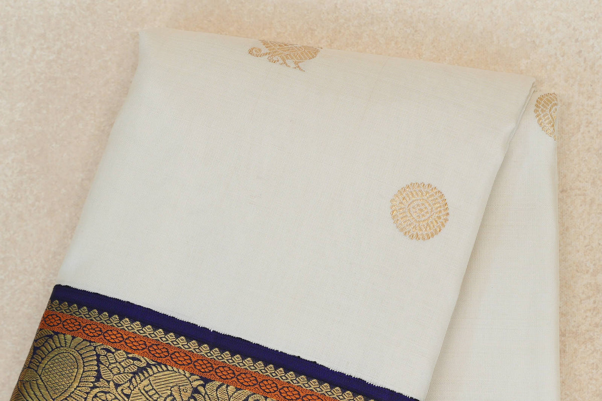 Off-White with Navy with Green Selvedge Borders Vintage Kanjivaram Silk Saree SS10165
