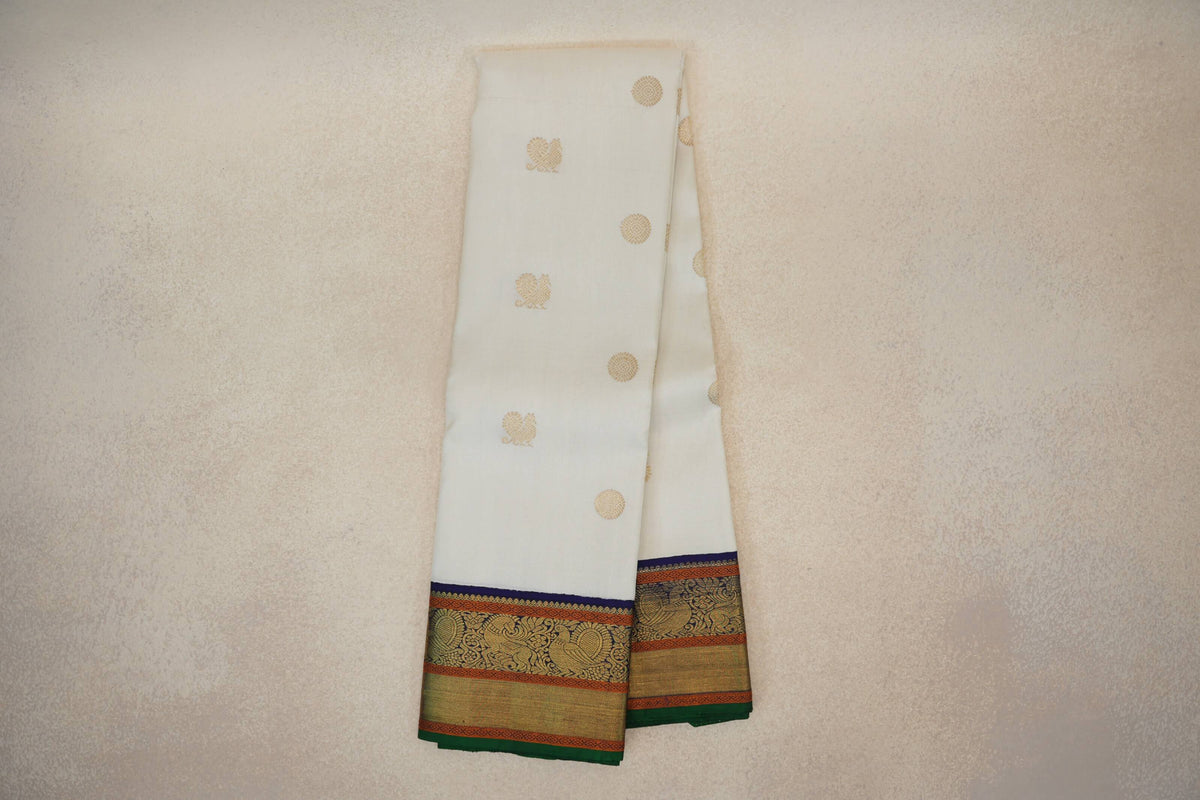 Off-White with Navy with Green Selvedge Borders Vintage Kanjivaram Silk Saree SS10165