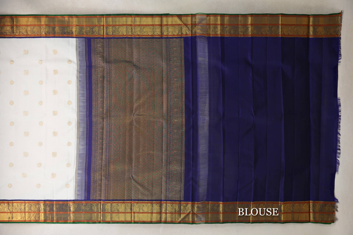 Off-White with Navy with Green Selvedge Borders Vintage Kanjivaram Silk Saree SS10165