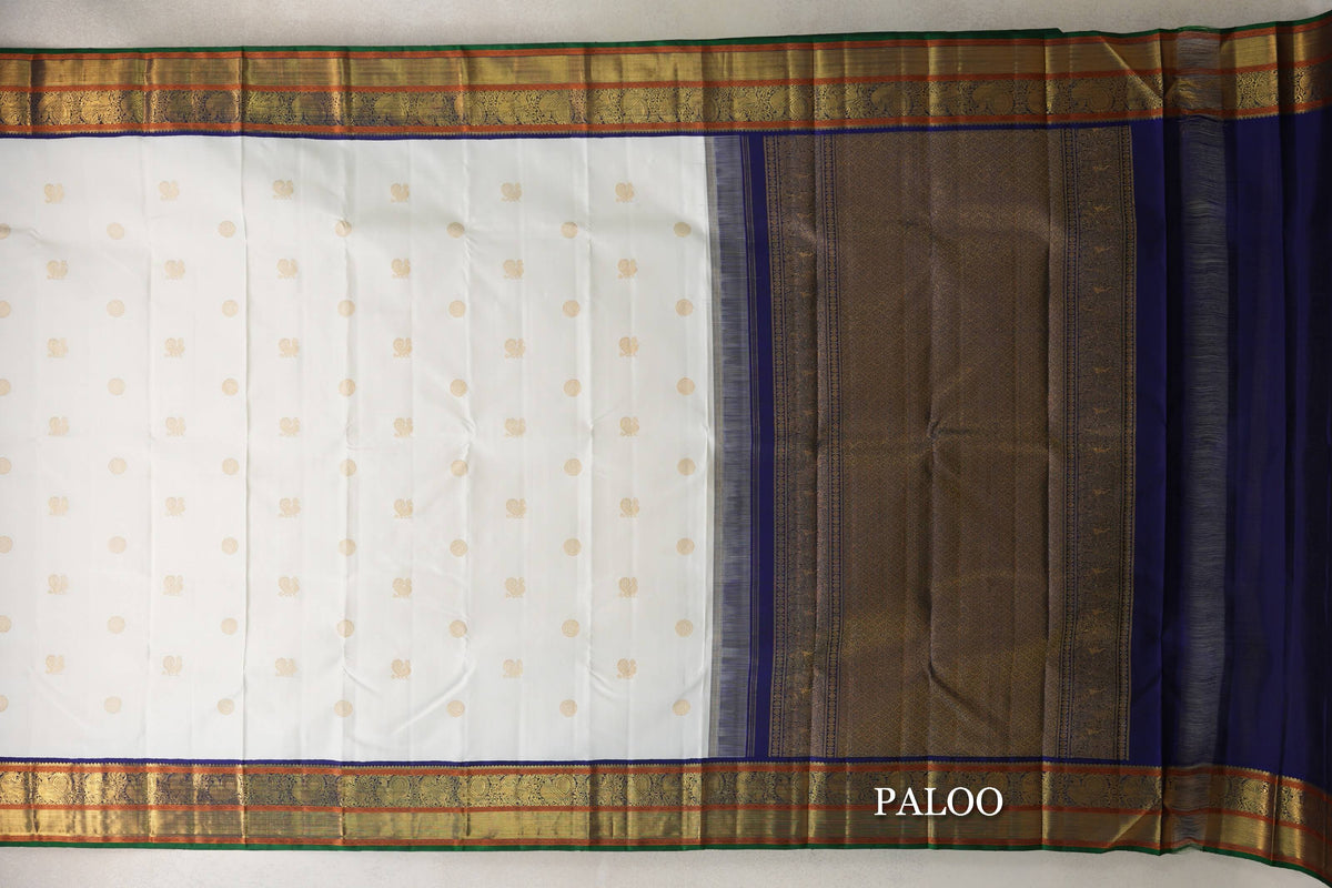 Off-White with Navy with Green Selvedge Borders Vintage Kanjivaram Silk Saree SS10165