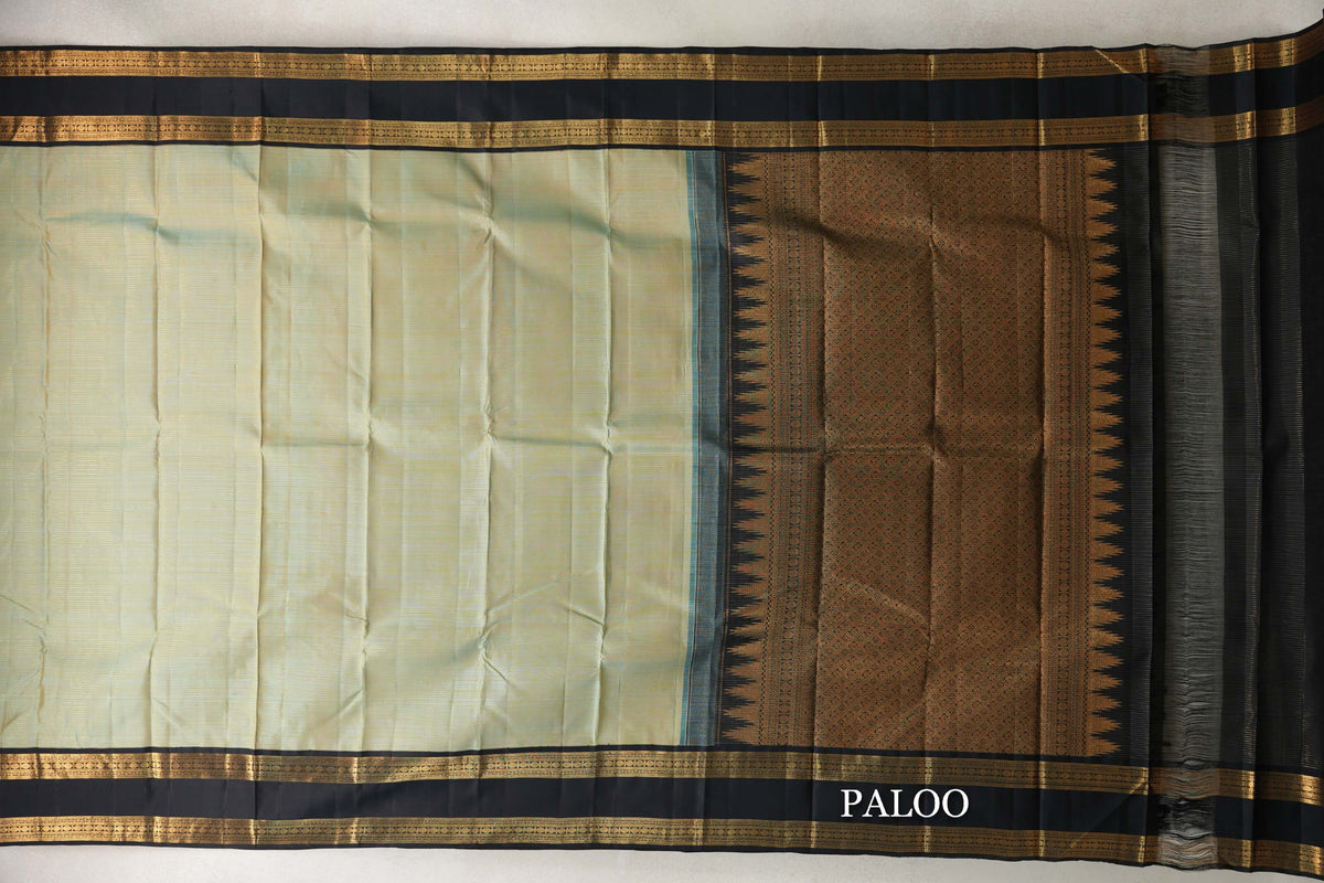 Mild Pastel Blue/Yellow with Black Rettai Pettu Borders Vintage Kanjivaram Silk Saree SS10168