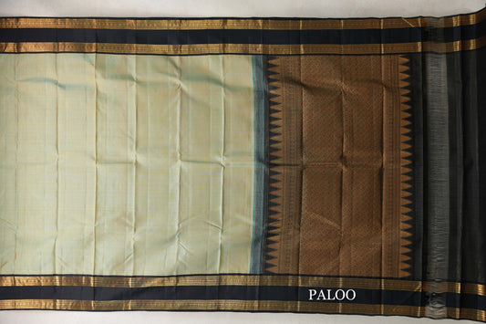 Mild Pastel Blue/Yellow with Black Rettai Pettu Borders Vintage Kanjivaram Silk Saree paloo