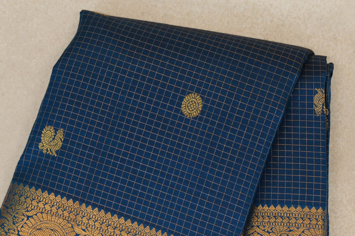 Peacock Blue with Zari Checks Vintage Kanjivaram Silk Saree SS10169