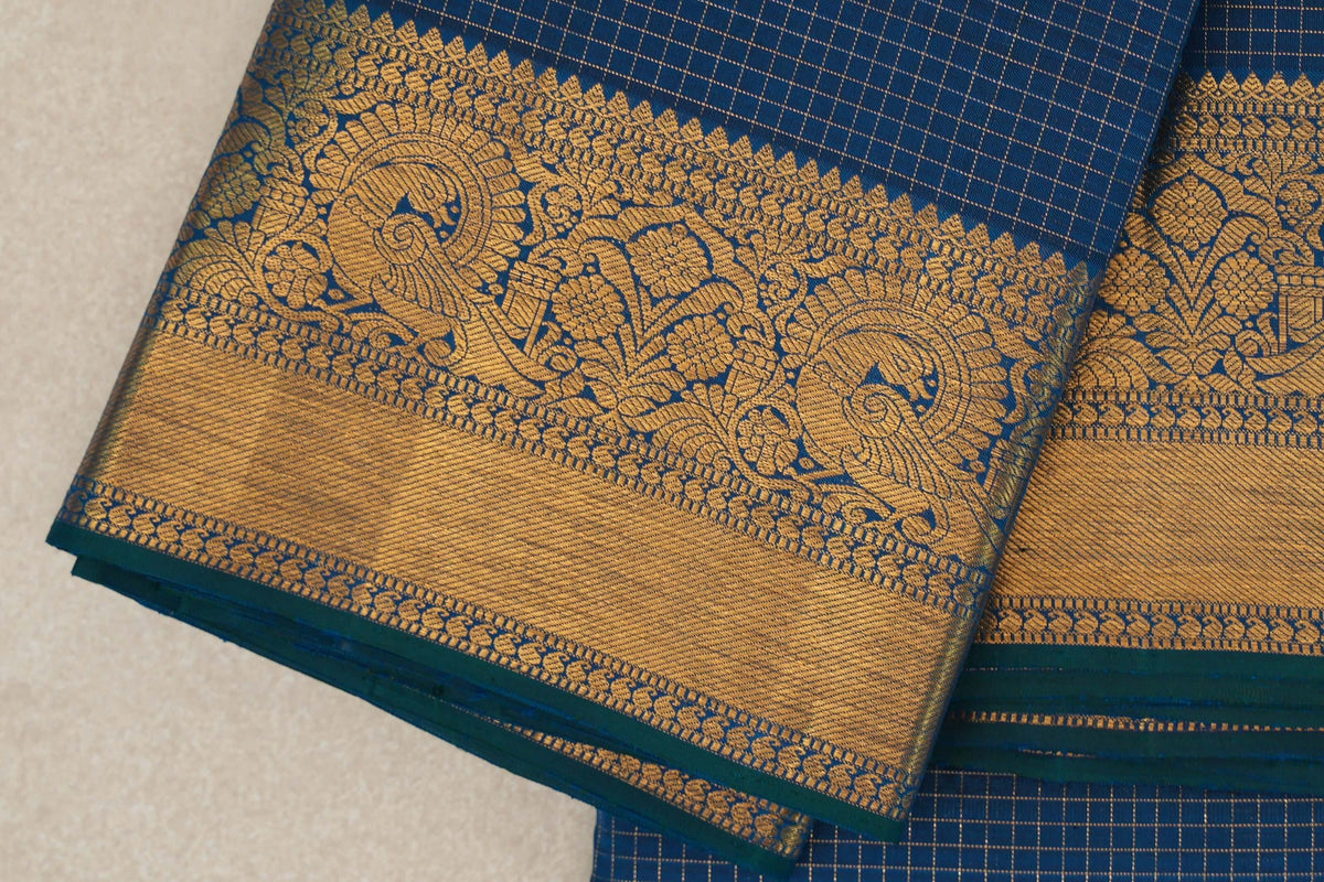Peacock Blue with Zari Checks Vintage Kanjivaram Silk Saree SS10169