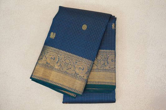 Peacock Blue with Zari Checks Vintage Kanjivaram Silk Saree SS10169