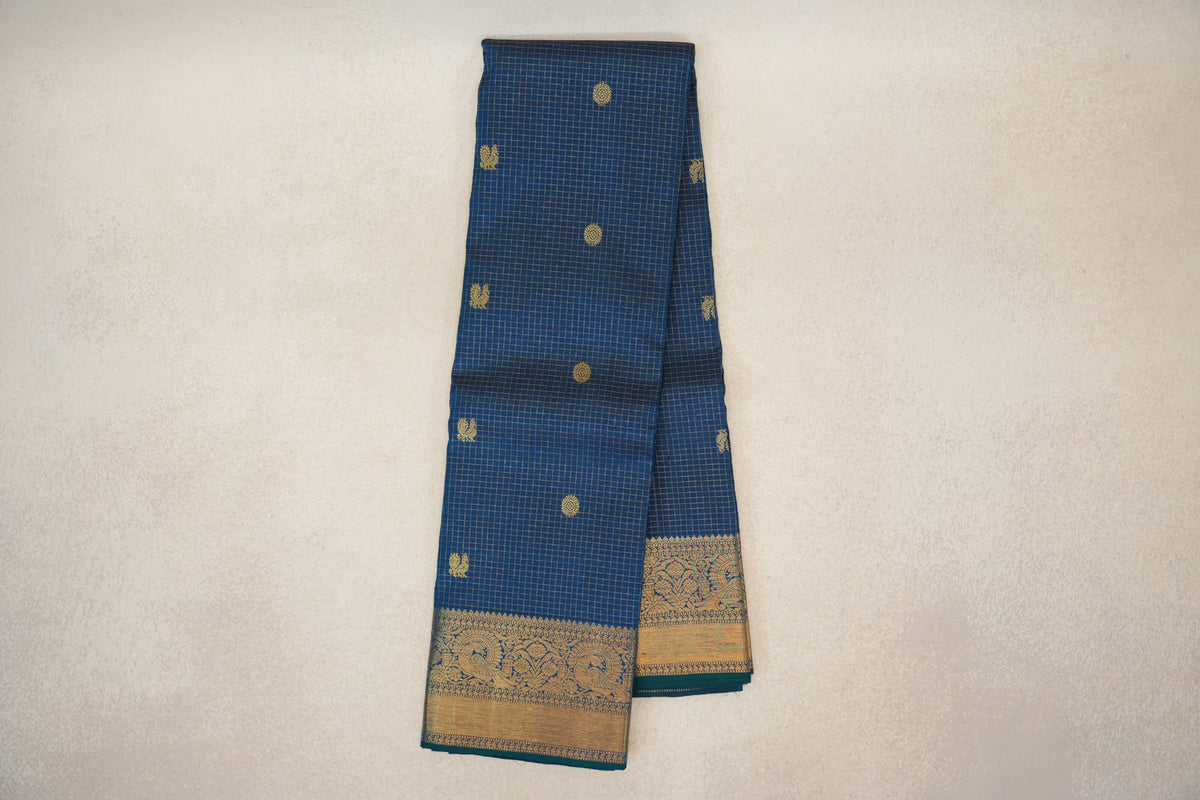 Peacock Blue with Zari Checks Vintage Kanjivaram Silk Saree SS10169