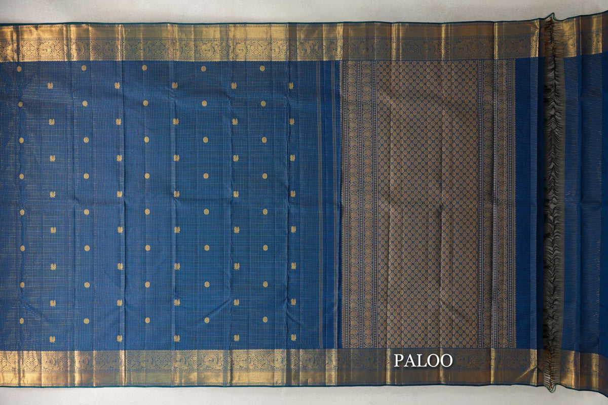 Peacock Blue with Zari Checks Vintage Kanjivaram Silk Saree SS10169
