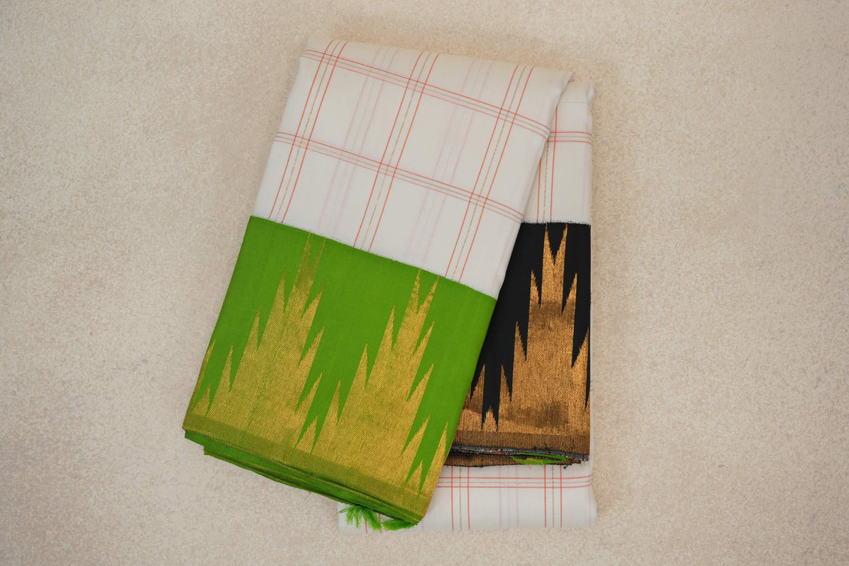 Off-white with Parrot Green/Black Borders Vintage Kanjivaram Silk Saree SS10170