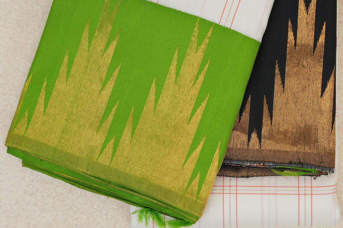 Off-white with Parrot Green/Black Borders Vintage Kanjivaram Silk Saree SS10170