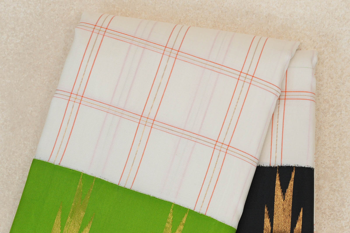 Off-white with Parrot Green/Black Borders Vintage Kanjivaram Silk Saree SS10170