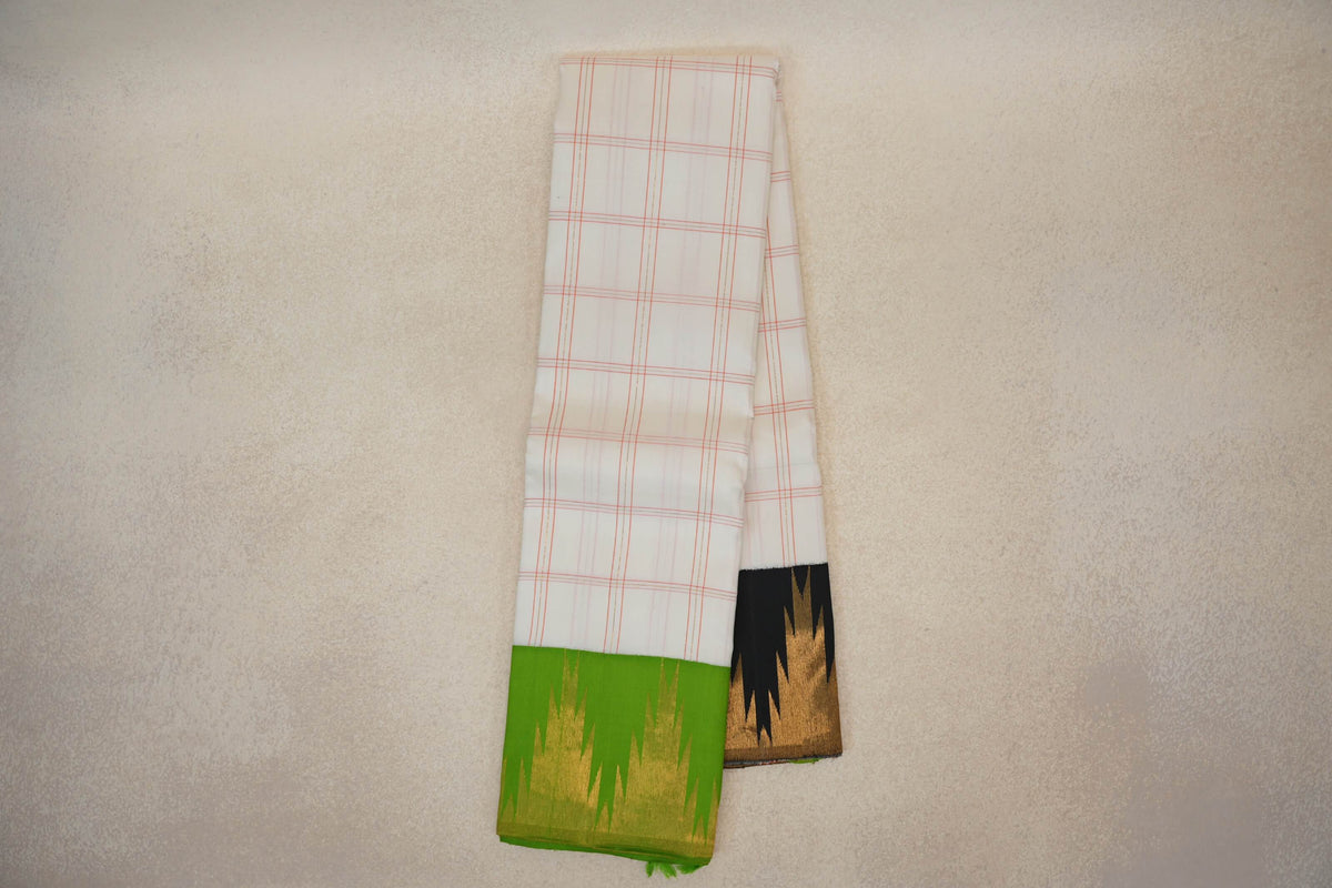 Off-white with Parrot Green/Black Borders Vintage Kanjivaram Silk Saree SS10170
