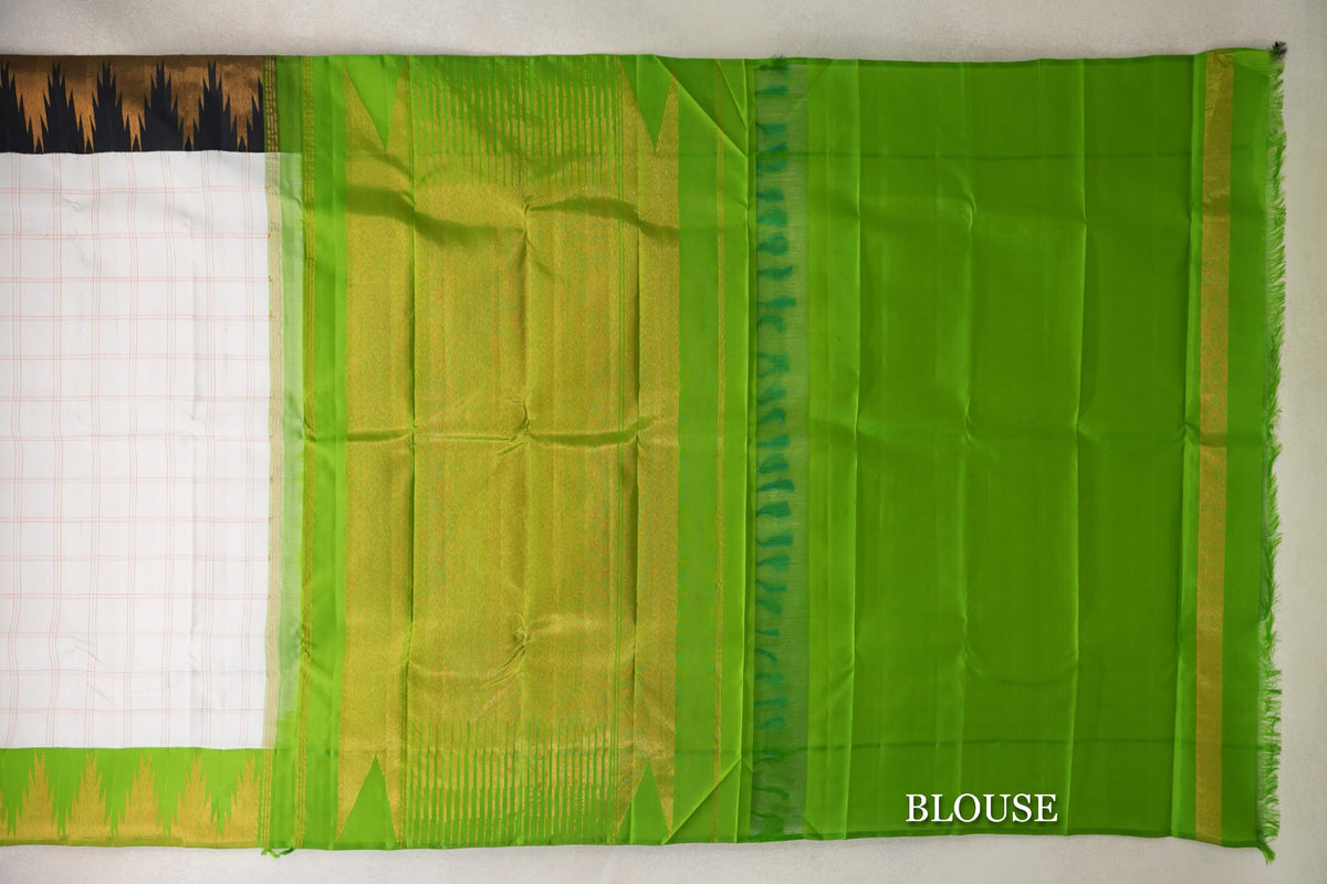 Off-white with Parrot Green/Black Borders Vintage Kanjivaram Silk Saree SS10170