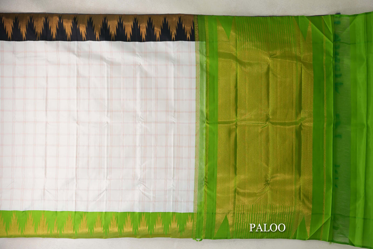 Off-white with Parrot Green/Black Borders Vintage Kanjivaram Silk Saree SS10170