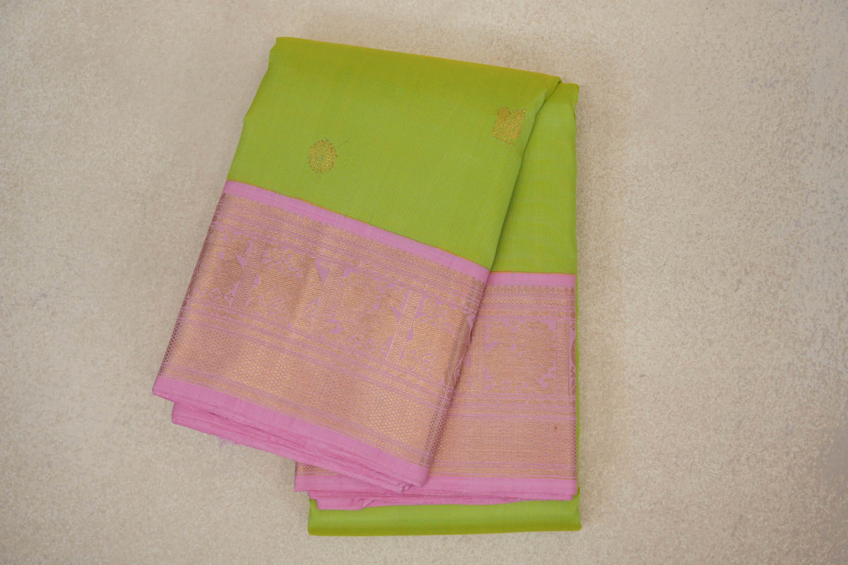 Fluorescent Green with Mild Pink Borders Vintage Kanjivaram Silk Saree SS10171