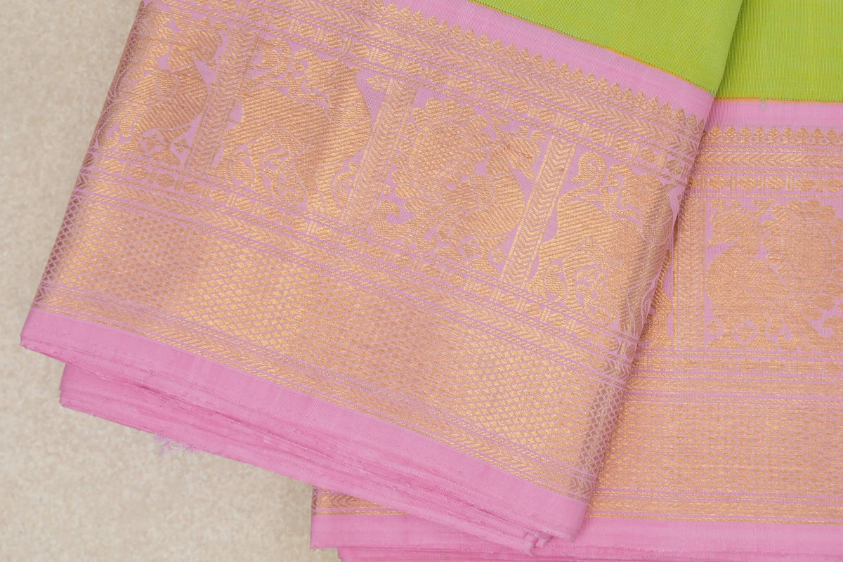 Fluorescent Green with Mild Pink Borders Vintage Kanjivaram Silk Saree SS10171