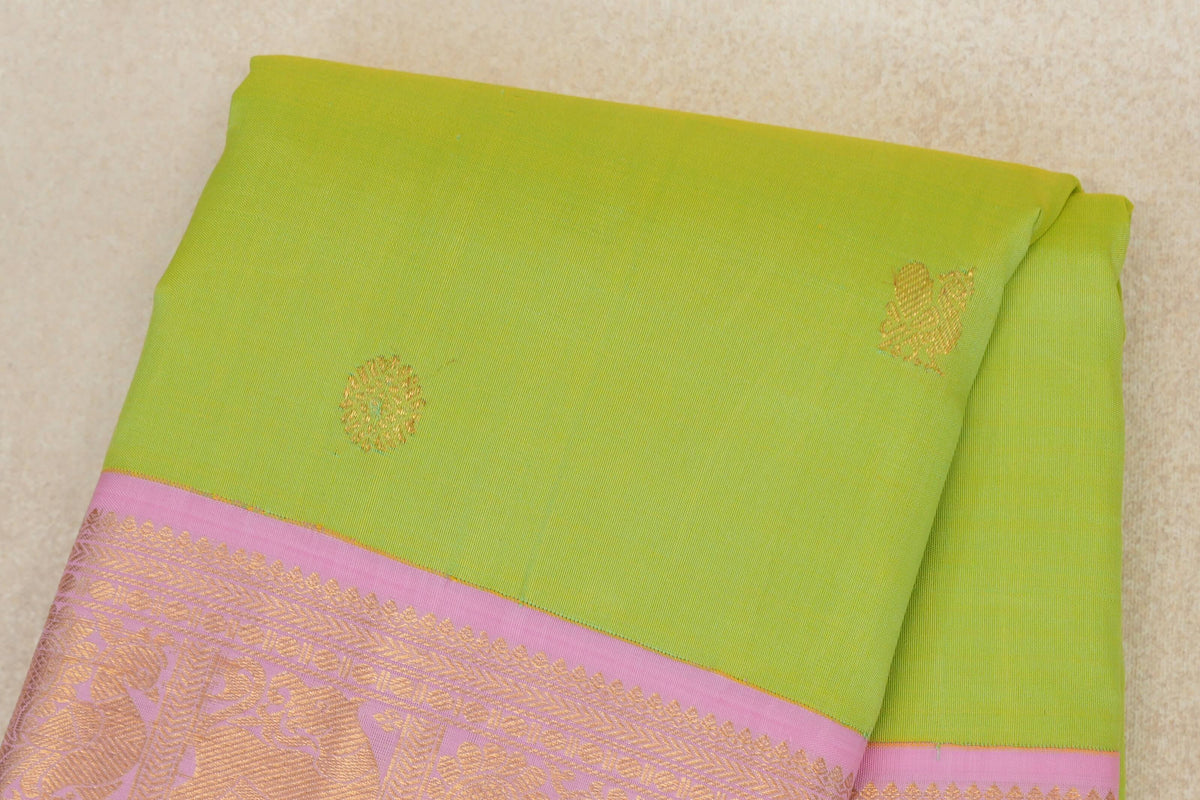 Fluorescent Green with Mild Pink Borders Vintage Kanjivaram Silk Saree SS10171