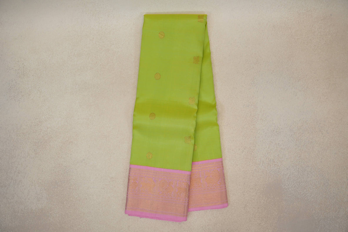 Fluorescent Green with Mild Pink Borders Vintage Kanjivaram Silk Saree SS10171