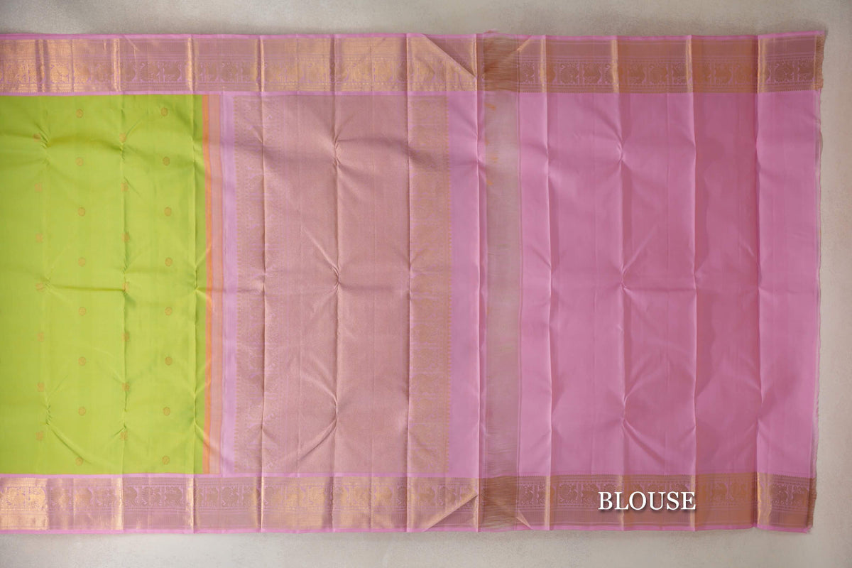 Fluorescent Green with Mild Pink Borders Vintage Kanjivaram Silk Saree SS10171
