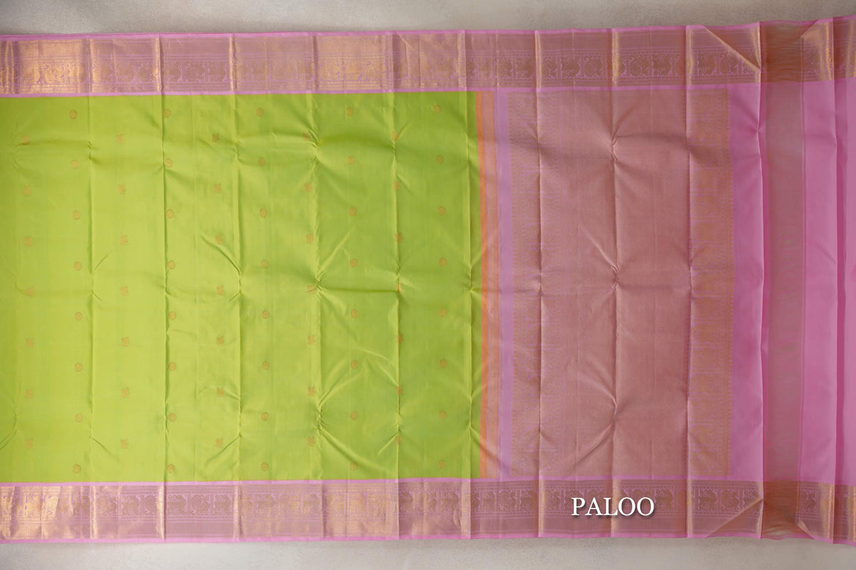 Fluorescent Green with Mild Pink Borders Vintage Kanjivaram Silk Saree SS10171