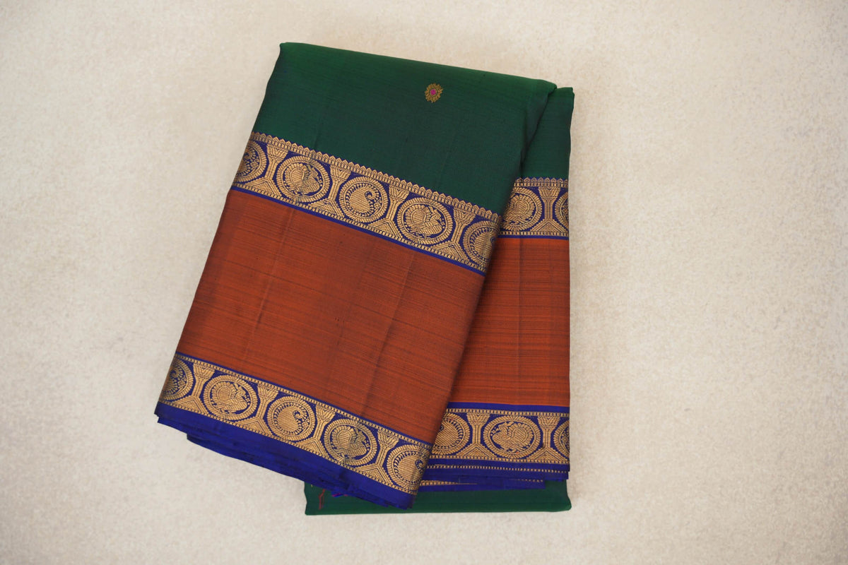 Bottle Green with Deep Blue/Rust Rettai Pettu Borders Vintage Kanjivaram Silk Saree SS10172