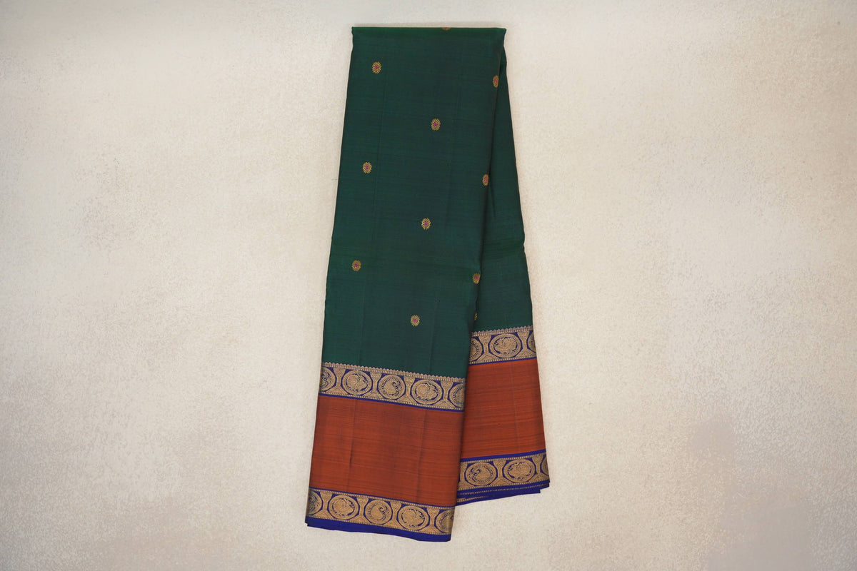 Bottle Green with Deep Blue/Rust Rettai Pettu Borders Vintage Kanjivaram Silk Saree SS10172