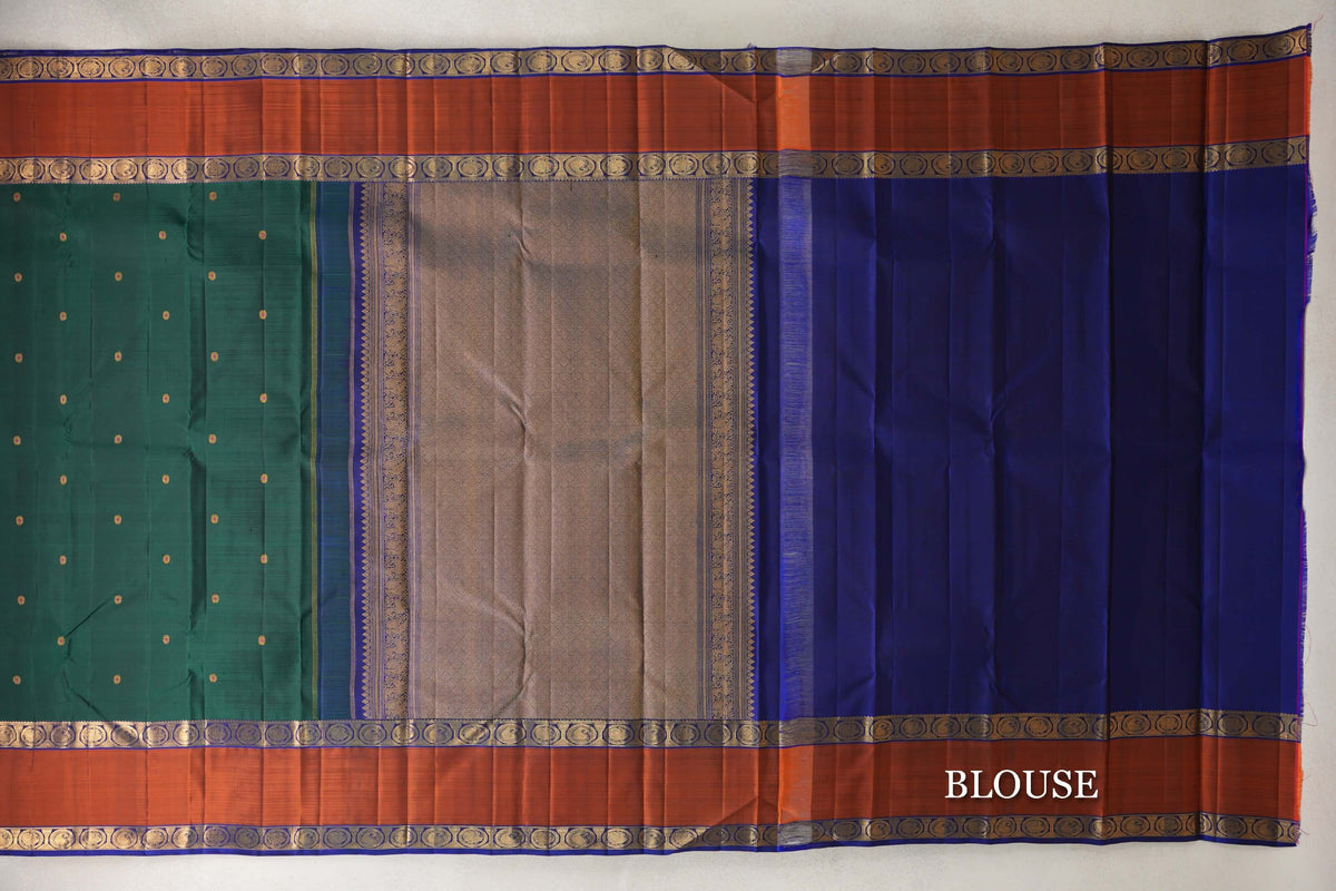 Bottle Green with Deep Blue/Rust Rettai Pettu Borders Vintage Kanjivaram Silk Saree SS10172