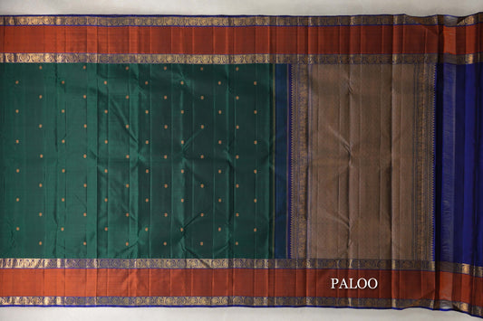 Bottle Green with Deep Blue/Rust Rettai Pettu Borders Vintage Kanjivaram Silk Saree paloo