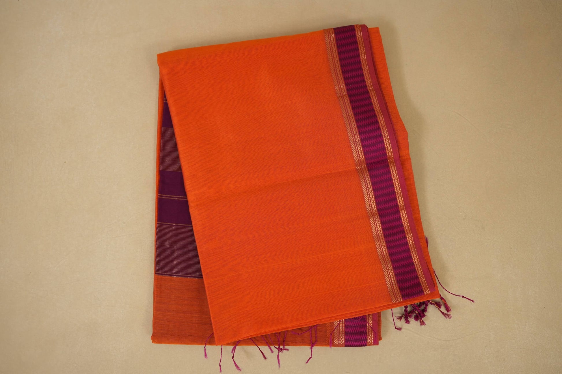  folded Orange maheshwari silk cotton saree