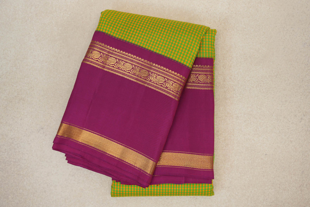 Green/Yellow Checks with Magenta Rettai Pettu Borders Vintage Kanjivaram Silk Saree SS10173