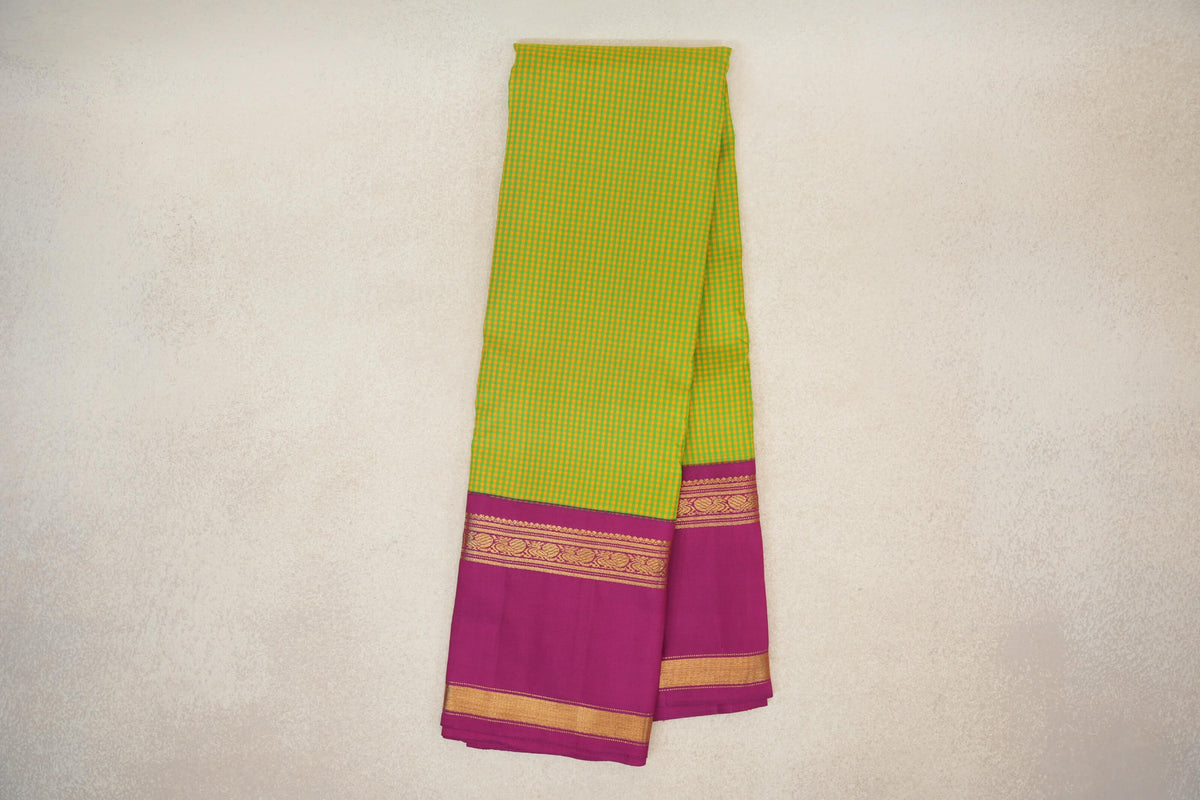 Green/Yellow Checks with Magenta Rettai Pettu Borders Vintage Kanjivaram Silk Saree SS10173
