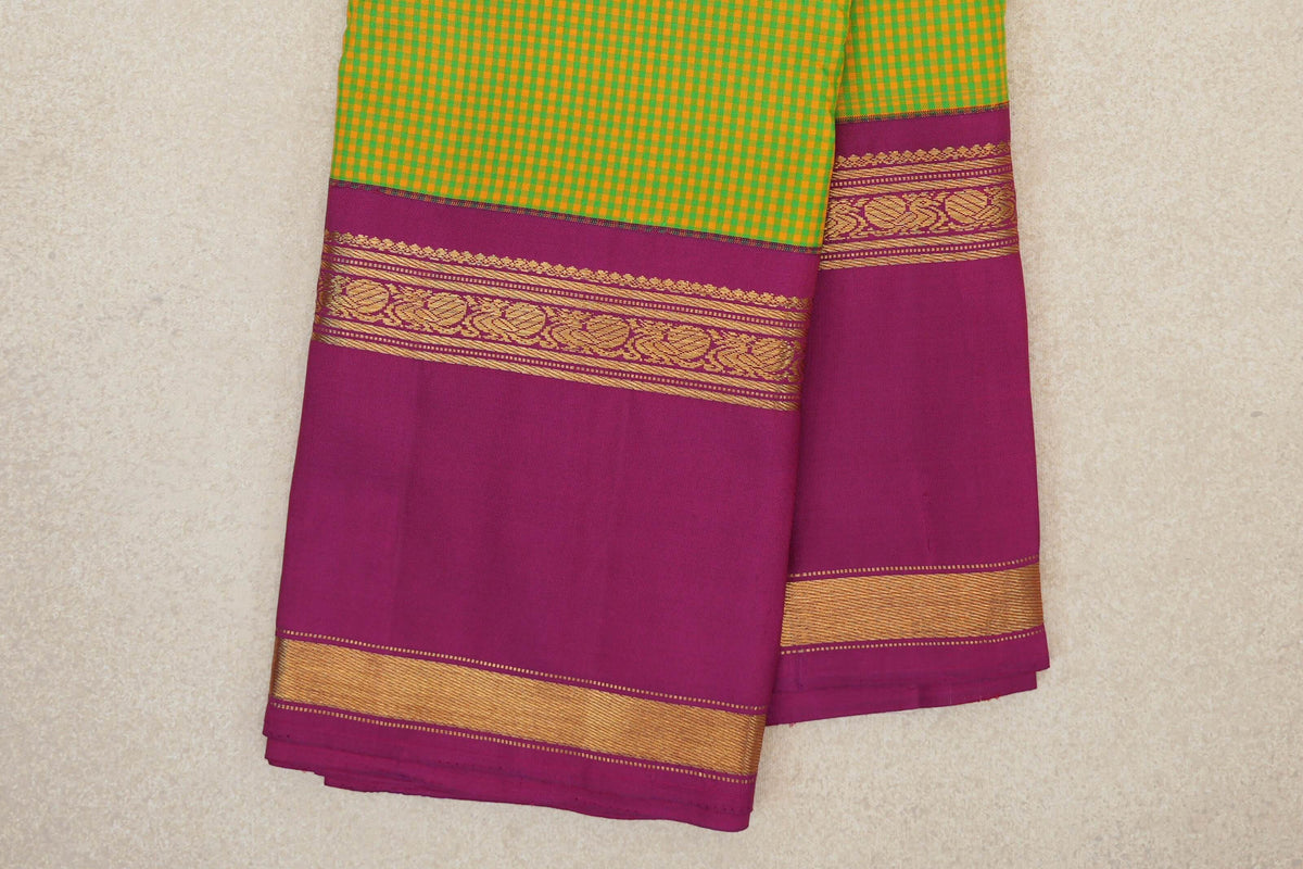 Green/Yellow Checks with Magenta Rettai Pettu Borders Vintage Kanjivaram Silk Saree SS10173
