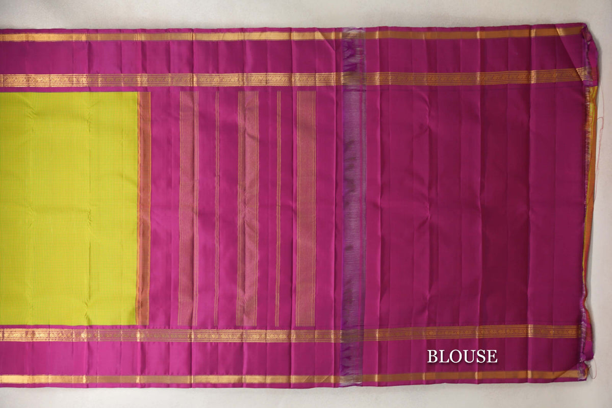Green/Yellow Checks with Magenta Rettai Pettu Borders Vintage Kanjivaram Silk Saree SS10173