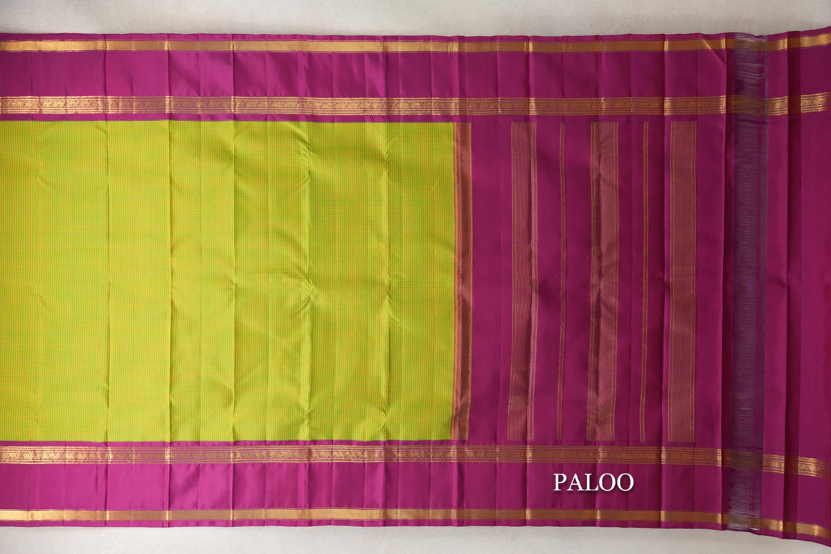 Green/Yellow Checks with Magenta Rettai Pettu Borders Vintage Kanjivaram Silk Saree SS10173