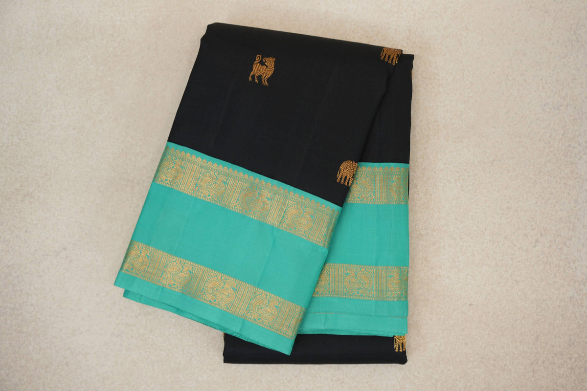 Black with Teal Rettai Pettu Borders Vintage Kanjivaram Silk Saree SS10174