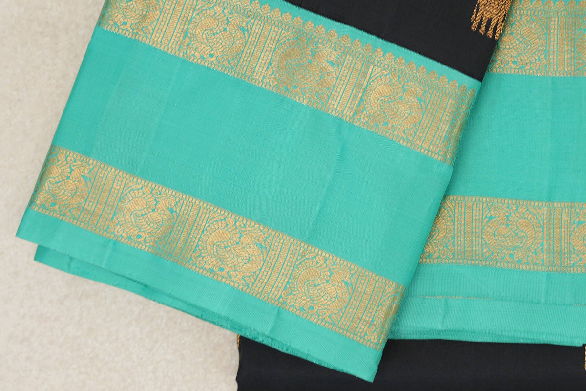 Black with Teal Rettai Pettu Borders Vintage Kanjivaram Silk Saree SS10174