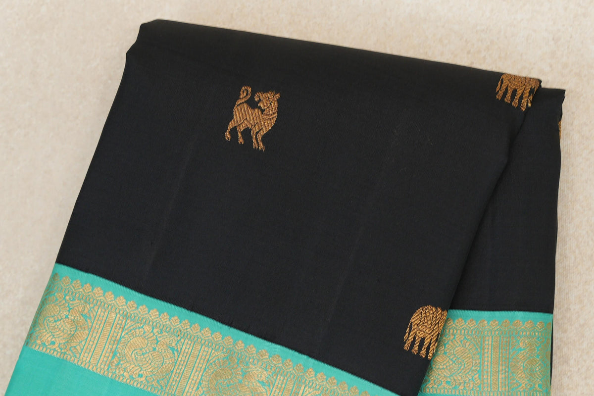 Black with Teal Rettai Pettu Borders Vintage Kanjivaram Silk Saree SS10174