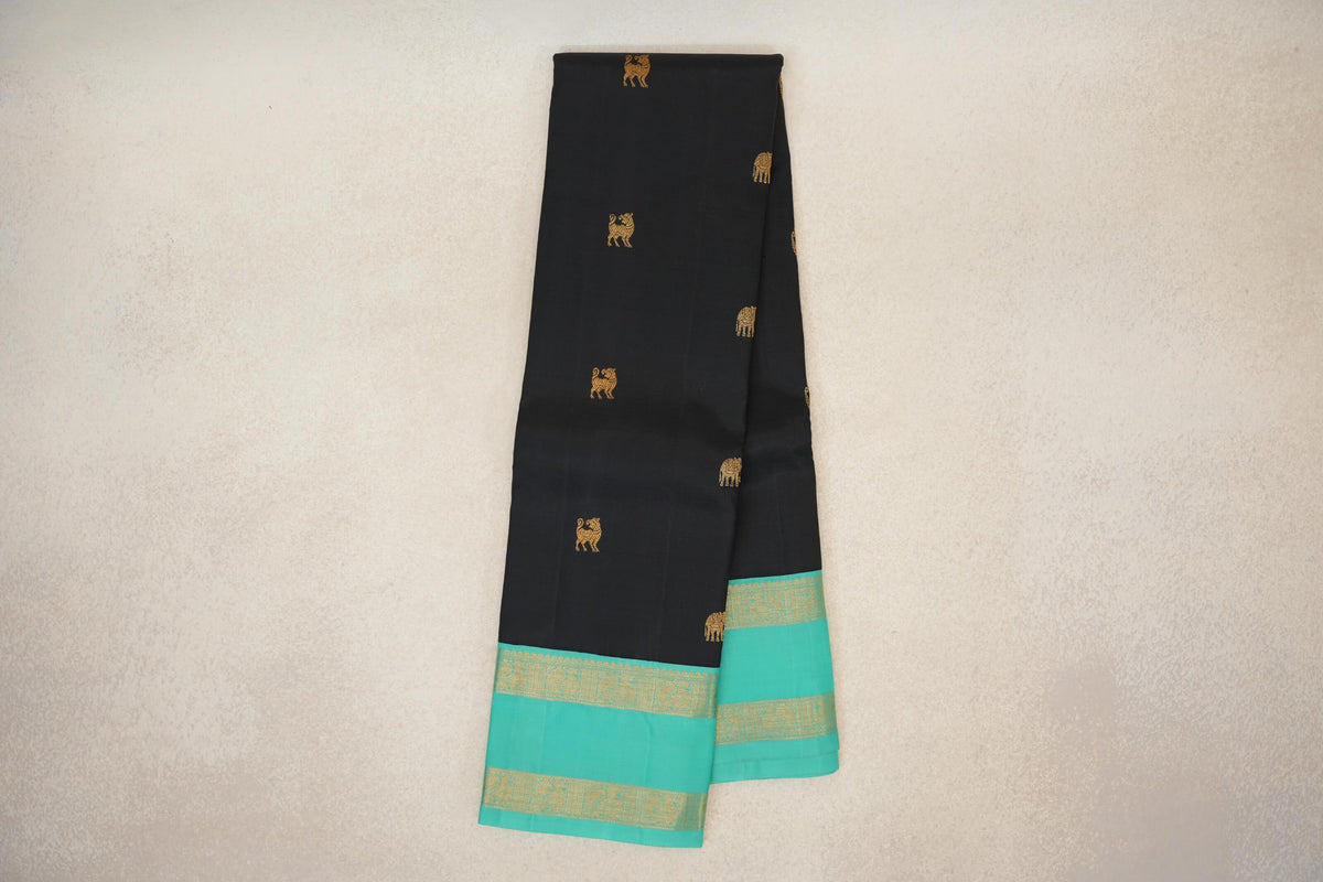 Black with Teal Rettai Pettu Borders Vintage Kanjivaram Silk Saree SS10174