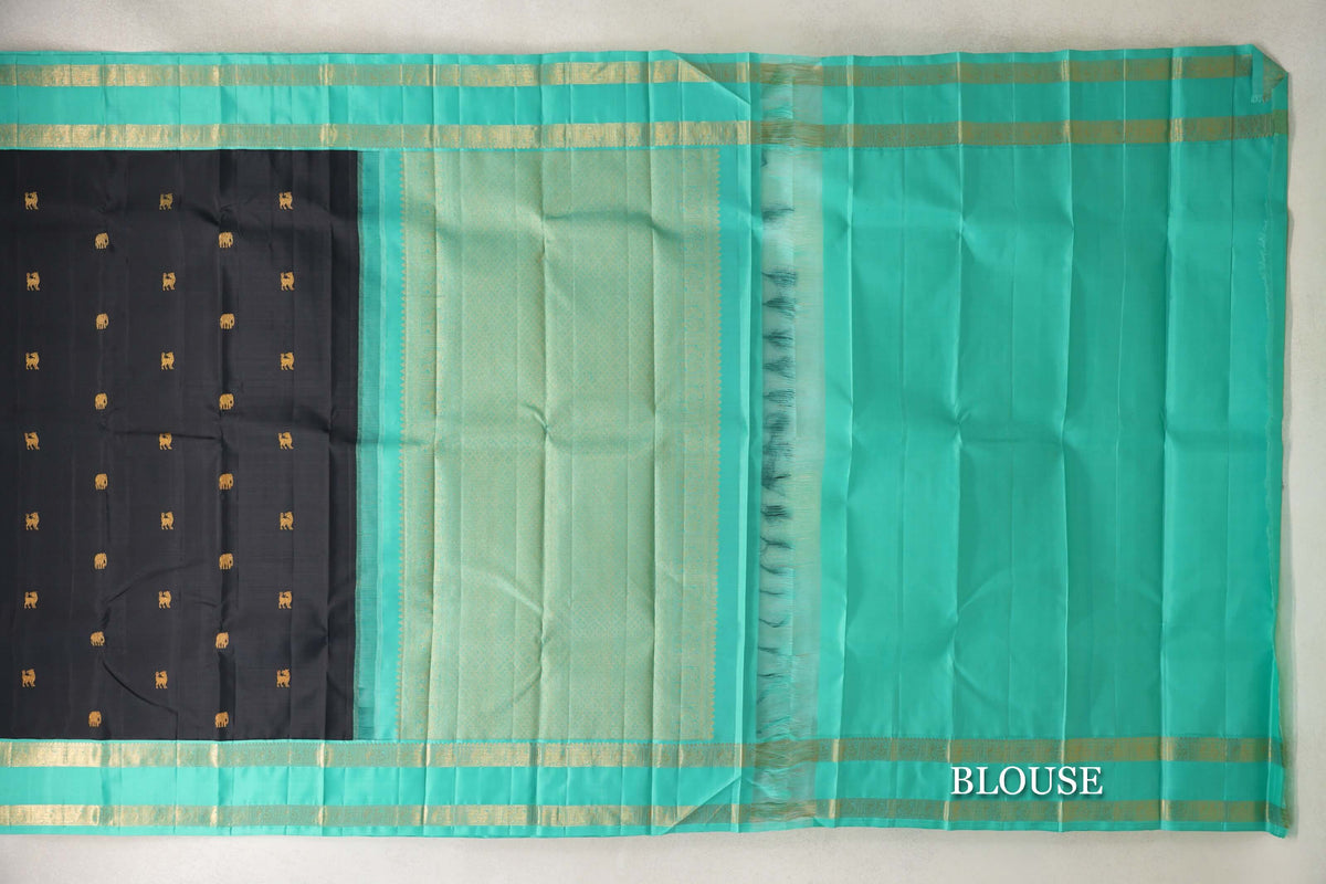Black with Teal Rettai Pettu Borders Vintage Kanjivaram Silk Saree SS10174