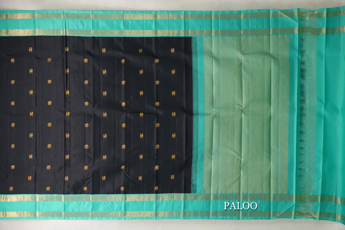 Black with Teal Rettai Pettu Borders Vintage Kanjivaram Silk Saree SS10174