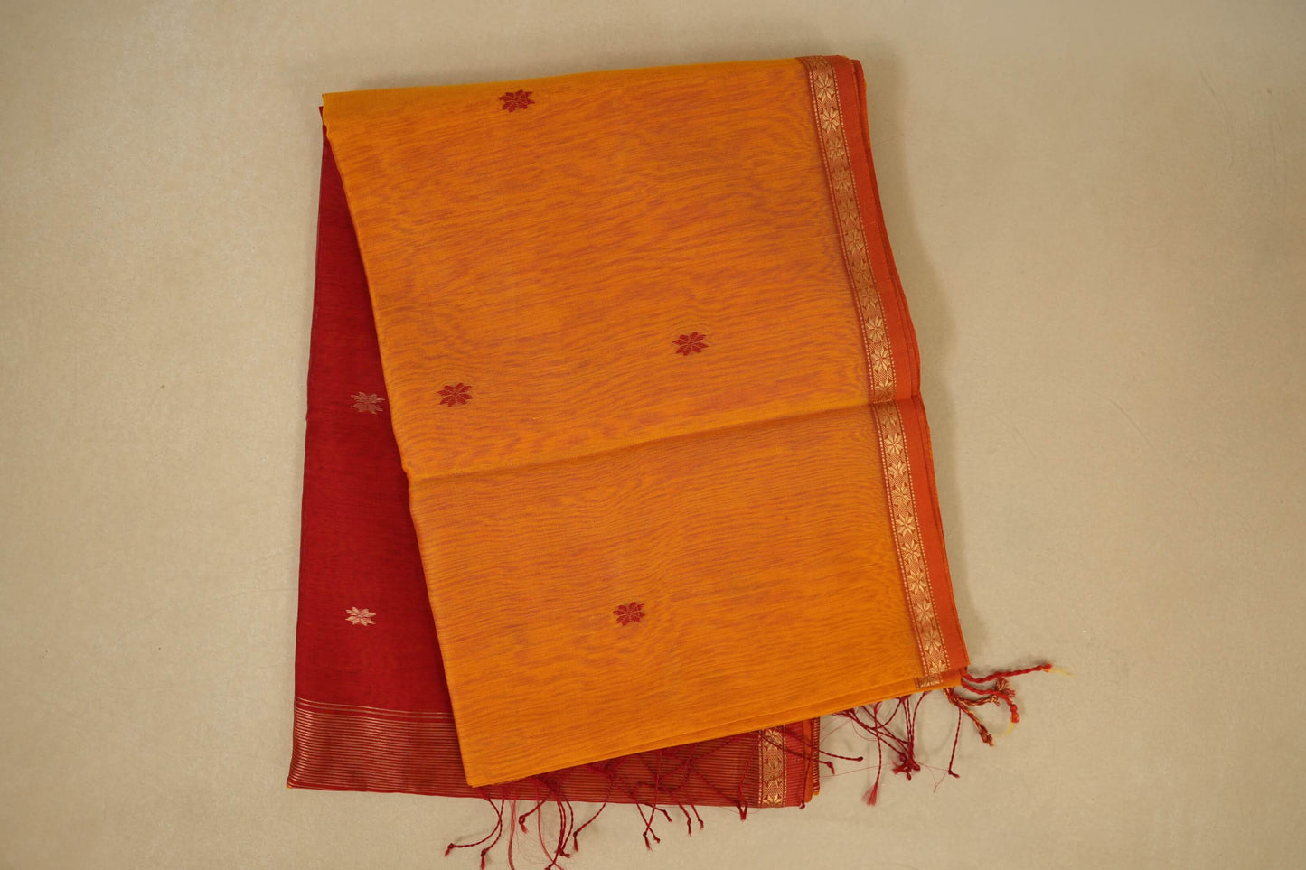 Mustard folded maheshwari silk cotton saree